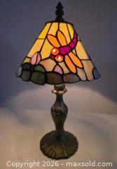 MaxSold Auction: Tiffany-Style Dragonfly Floral Stained Glass Table Lamp - 14.5"H x 8"W at bottom of shade.  - Kingston (Ontario, Canada) SELLER MANAGED Downsizing Online Auction - Abdo Road
