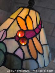 MaxSold Auction: Tiffany-Style Dragonfly Floral Stained Glass Table Lamp - 14.5"H x 8"W at bottom of shade.  - Kingston (Ontario, Canada) SELLER MANAGED Downsizing Online Auction - Abdo Road