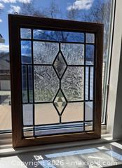MaxSold Auction: Vintage - Stained Leaded Glass Panel in Solid Oak Frame, Medium - Size: 17"H x 13"W x .7/8"D - Kingston (Ontario, Canada) SELLER MANAGED Downsizing Online Auction - Abdo Road