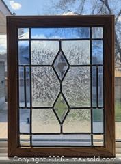 MaxSold Auction: Vintage - Stained Leaded Glass Panel in Solid Oak Frame, Medium - Size: 17"H x 13"W x .7/8"D - Kingston (Ontario, Canada) SELLER MANAGED Downsizing Online Auction - Abdo Road