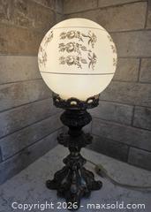MaxSold Auction: Vintage Victorian - Ornate Brass Gilt Banquet/Parlor Table Lamp "Gone with the Wind" style with Glass Globe Shade - 14.75" x 6"  - Kingston (Ontario, Canada) SELLER MANAGED Downsizing Online Auction - Abdo Road