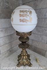 MaxSold Auction: Vintage Victorian - Ornate Brass Gilt Banquet/Parlor Table Lamp "Gone with the Wind" style with Glass Globe Shade - 14.75" x 6"  - Kingston (Ontario, Canada) SELLER MANAGED Downsizing Online Auction - Abdo Road