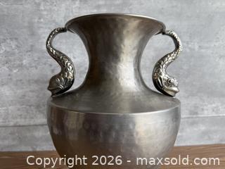 MaxSold Auction: Swedish Urn Form Hammered Metal Vase with Sea Dolphin Fish Handles - Los Gatos (California, USA) SELLER MANAGED Estate Sale Online Auction - East Main Street