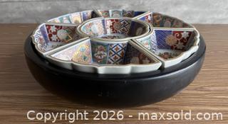 MaxSold Auction: Vintage Japanese Imari Porcelain Appetizer Condiment Tray on Wooden Base - Los Gatos (California, USA) SELLER MANAGED Estate Sale Online Auction - East Main Street