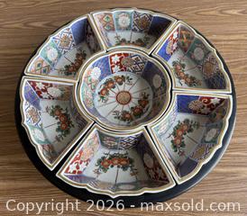 MaxSold Auction: Vintage Japanese Imari Porcelain Appetizer Condiment Tray on Wooden Base - Los Gatos (California, USA) SELLER MANAGED Estate Sale Online Auction - East Main Street