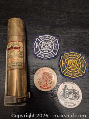 MaxSold Auction: Antique brass fire extinguisher, button pins and patches  - Ottawa (Ontario, Canada) SELLER MANAGED Downsizing Online Auction - Kingsford Court