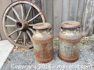 MaxSold Auction: Wagon Wheel with Milk Cans, Rustic Garden Accents - South Frontenac (Ontario, Canada) SELLER MANAGED Moving Online Auction -  Pepper Lane
