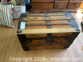 MaxSold Auction: Wood and Metal-Banded Steamer Trunk with Interior Lining - Leeds And The Thousand Islands (Ontario, Canada) PARTNER MANAGED Downsizing Online Auction - Main Street