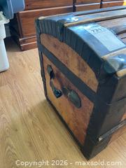 MaxSold Auction: Wood and Metal-Banded Steamer Trunk with Interior Lining - Leeds And The Thousand Islands (Ontario, Canada) PARTNER MANAGED Downsizing Online Auction - Main Street