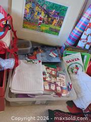 MaxSold Auction: Holiday Decorations Lot with Santa Figures, Wrapping & Linens - Saanich (British Columbia, Canada) PARTNER MANAGED Moving Online Auction - Cordova Bay Road (CONDO)
