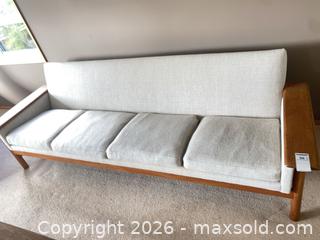 MaxSold Auction: Mid-Century Modern 4- Seater Beige Fabric Sofa - Sooke (British Columbia, Canada) PARTNER MANAGED Moving Online Auction - Firwood Place