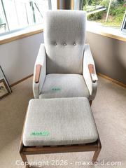 MaxSold Auction: Mid-Century Scandinavian Beige Woven Fabric Armchair with Ottoman - Sooke (British Columbia, Canada) PARTNER MANAGED Moving Online Auction - Firwood Place