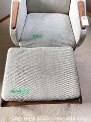 MaxSold Auction: Mid-Century Scandinavian Beige Woven Fabric Armchair with Ottoman - Sooke (British Columbia, Canada) PARTNER MANAGED Moving Online Auction - Firwood Place