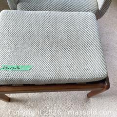 MaxSold Auction: Mid-Century Scandinavian Beige Woven Fabric Armchair with Ottoman - Sooke (British Columbia, Canada) PARTNER MANAGED Moving Online Auction - Firwood Place