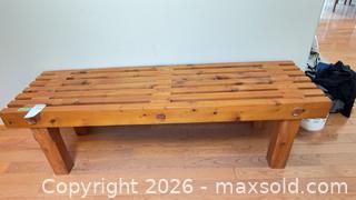MaxSold Auction: Rustic Pine Bench / Coffee Table with Slatted Top, Honey Finish - Sooke (British Columbia, Canada) PARTNER MANAGED Moving Online Auction - Firwood Place