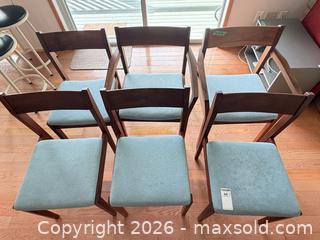 MaxSold Auction: Set of 6 Mid-Century Modern Style Wood Dining Chairs, Light Blue Seats - Sooke (British Columbia, Canada) PARTNER MANAGED Moving Online Auction - Firwood Place