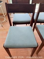 MaxSold Auction: Set of 6 Mid-Century Modern Style Wood Dining Chairs, Light Blue Seats - Sooke (British Columbia, Canada) PARTNER MANAGED Moving Online Auction - Firwood Place