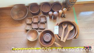 MaxSold Auction: Wooden Rustic Serving Set with Carved Tiki and Bowls - Sooke (British Columbia, Canada) PARTNER MANAGED Moving Online Auction - Firwood Place