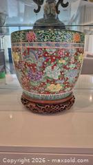 MaxSold Auction: Famille Rose Porcelain Planter with Wooden Base, 11 in. - Toronto (Ontario, Canada) PARTNER MANAGED Estate Sale Online Auction - Yorkville Avenue (CONDO) PART 2