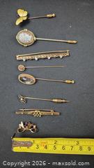 MaxSold Auction: Lot of Vintage Stick Pins, Brooches & Cameo — 18K/14K Gold + Diamond, Ruby, Pearls, Peridot, Sapphire and more - Toronto (Ontario, Canada) PARTNER MANAGED Estate Sale Online Auction - Yorkville Avenue (CONDO) PART 2