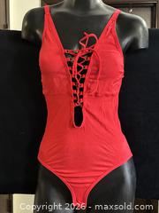 MaxSold Auction: Red Medium Lace-Up Plunge One-Piece Swimsuit - Antioch (California, USA) SELLER MANAGED Downsizing Online Auction -  Mahogany Way (STORAGE)
