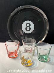 MaxSold Auction: Vintage- Billiards 8-Ball Motif Glass Platter & 4 Matching Glasses - Antioch (California, USA) SELLER MANAGED Downsizing Online Auction -  Mahogany Way (STORAGE)