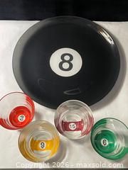 MaxSold Auction: Vintage- Billiards 8-Ball Motif Glass Platter & 4 Matching Glasses - Antioch (California, USA) SELLER MANAGED Downsizing Online Auction -  Mahogany Way (STORAGE)