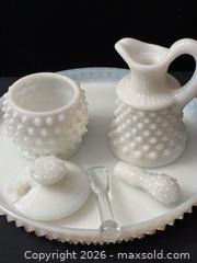 MaxSold Auction: Vintage- Collectible Hobnail Milk Glass Cruet, Sugar Jar, Spoon & Tray Set - Antioch (California, USA) SELLER MANAGED Downsizing Online Auction -  Mahogany Way (STORAGE)
