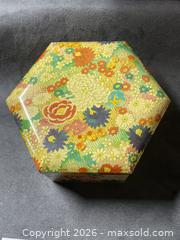 MaxSold Auction: Vintage- Hexagonal Multicolor Lacquer Decorative Storage/Stash Tin - Antioch (California, USA) SELLER MANAGED Downsizing Online Auction -  Mahogany Way (STORAGE)