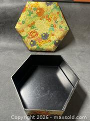 MaxSold Auction: Vintage- Hexagonal Multicolor Lacquer Decorative Storage/Stash Tin - Antioch (California, USA) SELLER MANAGED Downsizing Online Auction -  Mahogany Way (STORAGE)