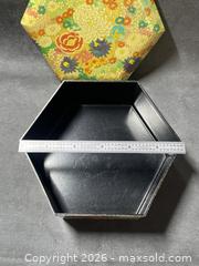 MaxSold Auction: Vintage- Hexagonal Multicolor Lacquer Decorative Storage/Stash Tin - Antioch (California, USA) SELLER MANAGED Downsizing Online Auction -  Mahogany Way (STORAGE)
