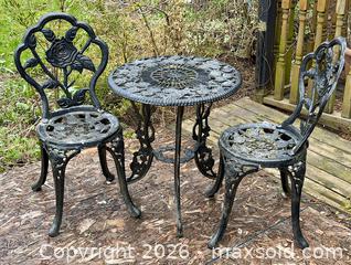 MaxSold Auction: Vintage Cast Iron Garden Bistro Set – Floral Rose Design Table & 2 Chairs - Welland (Ontario, Canada) SELLER MANAGED Estate Sale Online Auction - East Main Street