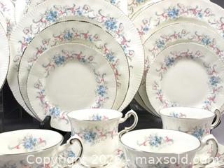 MaxSold Auction: Paragon ROMANCE DINNER SET with dinner Salad Bread Plates and Cups and Saucers Platinum/Silver Rim England  - Halton Hills (Ontario, Canada) SELLER MANAGED Estate Sale Online Auction - Rexway Drive