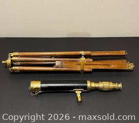 MaxSold Auction: Brass & Leather Spyglass Telescope on Wooden Tripod Stand - Whitchurch-Stouffville (Ontario, Canada) SELLER MANAGED Estate Sale Online Auction -  Dorman Drive