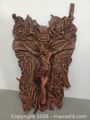 MaxSold Auction: Vintage  Large 30" Leather Jesus Crucifix Wall Plaque Sculpture  - Toronto (Ontario, Canada) PARTNER MANAGED Reseller Online Auction - Queen Street West