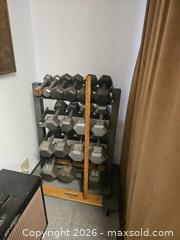 MaxSold Auction: Hand Weights and Weight Rack - San Jose (California, USA) SELLER MANAGED Downsizing Online Auction - Little Orchard Street