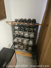 MaxSold Auction: Hand Weights and Weight Rack - San Jose (California, USA) SELLER MANAGED Downsizing Online Auction - Little Orchard Street