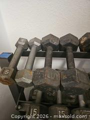 MaxSold Auction: Hand Weights and Weight Rack - San Jose (California, USA) SELLER MANAGED Downsizing Online Auction - Little Orchard Street