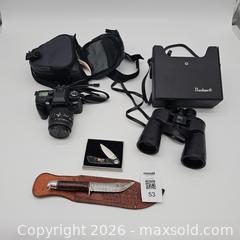 MaxSold Auction: Man Stuff Lot Camera, Binoculars, Elvis Knife, Small knife, Large Sheaf - San Jose (California, USA) SELLER MANAGED Downsizing Online Auction - Little Orchard Street