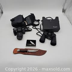 MaxSold Auction: Man Stuff Lot Camera, Binoculars, Elvis Knife, Small knife, Large Sheaf - San Jose (California, USA) SELLER MANAGED Downsizing Online Auction - Little Orchard Street