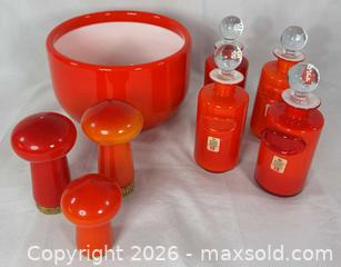 MaxSold Auction: Home Gaard Denmark Blown Glass Bowl with 4 Decanters & Cork-bottom Salt Shakers - Ottawa (Ontario, Canada) PARTNER MANAGED Downsizing Online Auction - Greenbriar Avenue