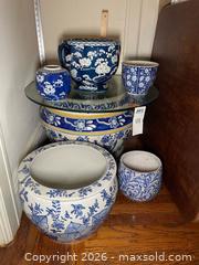 MaxSold Auction: Blue & White Porcelain Planter Table with Glass Top - Los Altos (California, USA) PARTNER MANAGED Estate Sale Online Auction - Almond Avenue