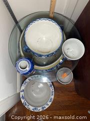 MaxSold Auction: Blue & White Porcelain Planter Table with Glass Top - Los Altos (California, USA) PARTNER MANAGED Estate Sale Online Auction - Almond Avenue