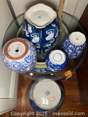 MaxSold Auction: Blue & White Porcelain Planter Table with Glass Top - Los Altos (California, USA) PARTNER MANAGED Estate Sale Online Auction - Almond Avenue