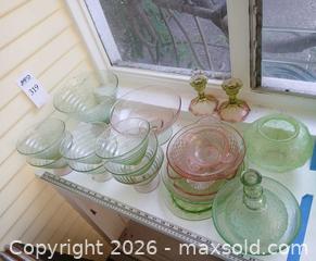 MaxSold Auction: Pink and Green Pressed Glass Bowls, Vases & Candle Holders - Los Altos (California, USA) PARTNER MANAGED Estate Sale Online Auction - Almond Avenue
