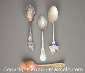 MaxSold Auction: Mix Lot of Antique Destination Souvenir Spoons - Three Silver Colored and One Copper - Ogden (New York, USA) SELLER MANAGED Downsizing Online Auction - West Avenue