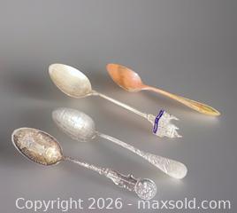MaxSold Auction: Mix Lot of Antique Destination Souvenir Spoons - Three Silver Colored and One Copper - Ogden (New York, USA) SELLER MANAGED Downsizing Online Auction - West Avenue