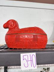 MaxSold Auction: Carved Cinnabar Lidded Box with Ram-Head Lid and Gilt Rim - Warwick (Rhode Island, USA) SELLER MANAGED Reseller Online Auction - Warwick Avenue