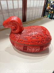 MaxSold Auction: Carved Cinnabar Lidded Box with Ram-Head Lid and Gilt Rim - Warwick (Rhode Island, USA) SELLER MANAGED Reseller Online Auction - Warwick Avenue
