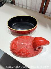 MaxSold Auction: Carved Cinnabar Lidded Box with Ram-Head Lid and Gilt Rim - Warwick (Rhode Island, USA) SELLER MANAGED Reseller Online Auction - Warwick Avenue